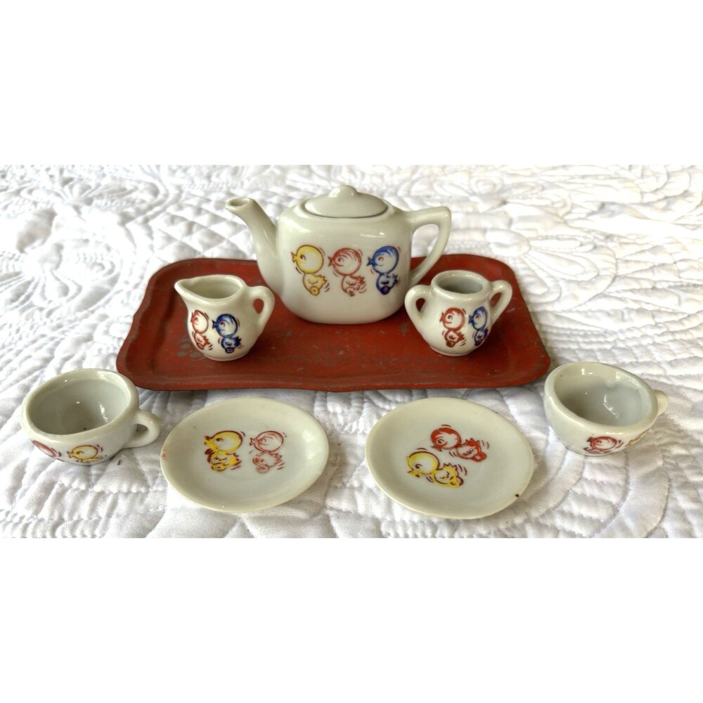 VNTG Children’s Tea Set-1950s-W/Metal Tray-Duck-Made Japan-Hand Painted-9 Pcs